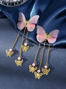 2pcs Butterfly & Tassel Vintage Style Hair Accessories, Cute Hair Clips - Pink - View 1