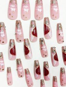 24入組長形棺材型式,簡單閃亮金粉裝飾,愛之羽毛與小鑽石美甲假指甲,適合女性日常通勤佩戴 - 彩色 - 查看 2