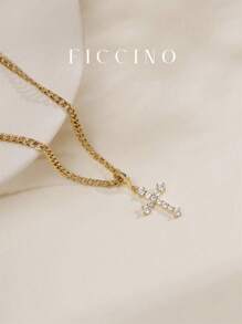 FICCINO Ficcino Men's Necklace With Gold Plated Cross Pendant Embedded With Cubic Zirconia, Titanium Steel Side Chain, Vintage Personality Style For Daily Use With Box