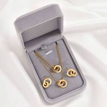 4 件镀金不锈钢礼盒包装方晶锆石罗马数字双圈设计吊坠项链手链耳环套装，简约休闲，适合女性、情侣、母亲和重要人物在各种节日和周年纪念日圣诞礼物 - 雙環 - 查看 5