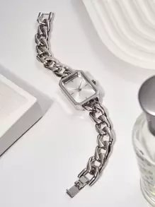 1pc Women's Stainless Steel Strap & Chain Delicate Quartz Watch As A Gift For Students Returning To School - Silver - View 5