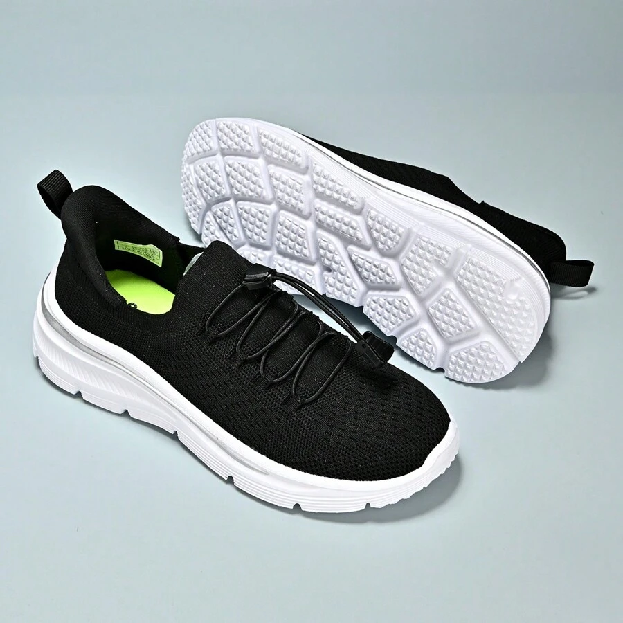 女式輕量便攜休閒運動鞋,透氣網眼設計,黑色,平底春秋平步靴 - 黑色 - 查看 1