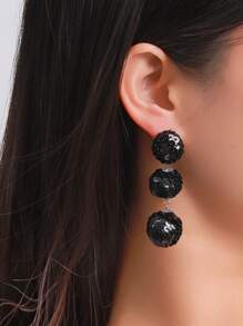 1 对奢华复古三层黑色亮片球形吊坠耳环，适合正式活动