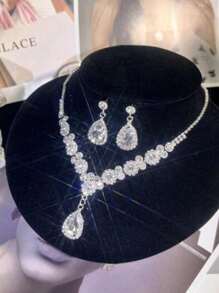 Vòng đeo cổ & Kẹp trên bông tai Rhinestone Water-drop Charm - Bạc - Xem 1