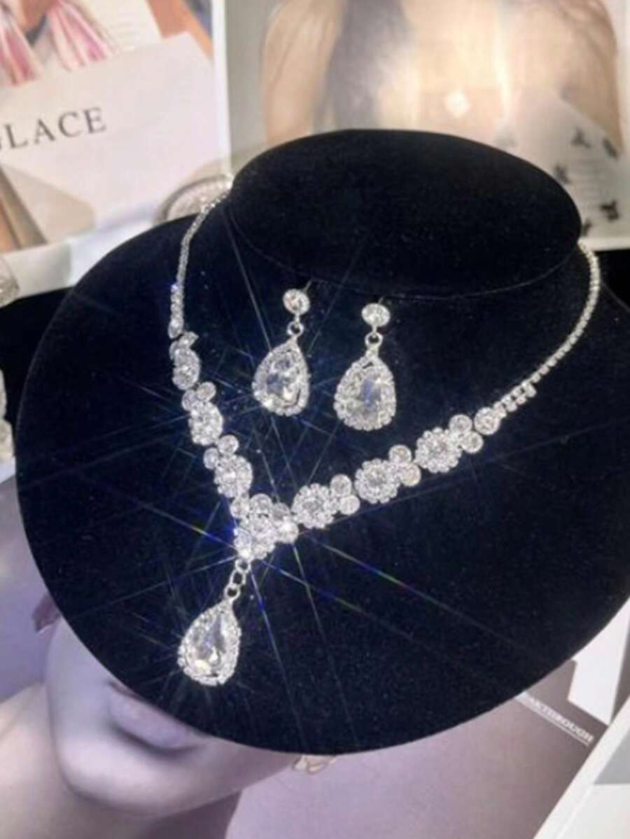 Vòng đeo cổ & Kẹp trên bông tai Rhinestone Water-drop Charm - Bạc - Xem 1