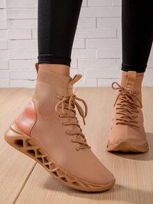 Women's Lightweight & Comfortable Casual Camel Mid-Top Slip-On Sneakers With Laces - Camel - View 5