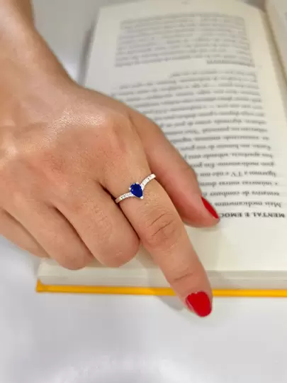 Anel Solitario Gota Azul Prata 925 Legitima