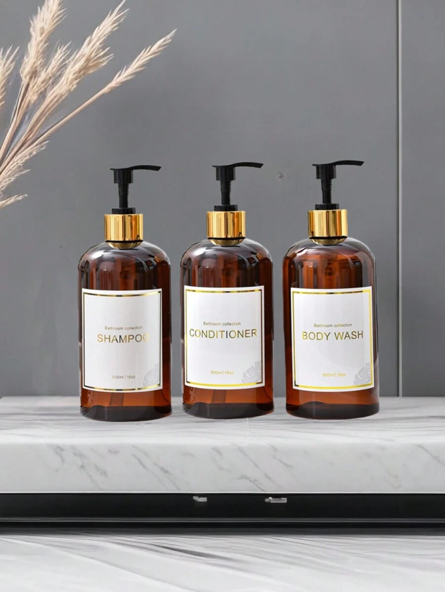 Bộ 3 bình đựng sữa tắm, dầu gội, dầu xả, sữa tắm và xà phòng trong suốt, có thể bơm lại, màu hổ phách, trang trí nhà cửa mùa thu, trang trí cho mùa tựu trường.