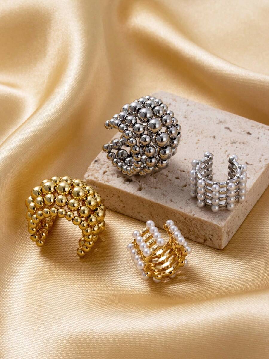 1副簡約時尚多功能歐美風格金屬珠子和仿珍珠細節c形別緻耳夾 - 金黃色 - 查看 1