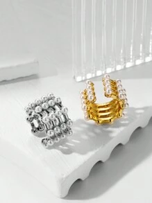 1副簡約時尚多功能歐美風格金屬珠子和仿珍珠細節c形別緻耳夾 - 金黃色 - 查看 7