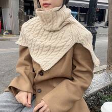 1 件裝女裝 2023 年新款米色針織披肩戶外保暖圍巾冬季時尚配件 - 米色 - 查看 5