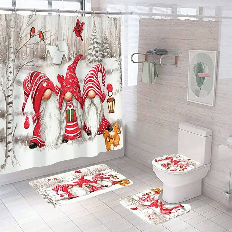 Bộ 4 tấm rèm tắm hình ông già Noel lùn Scandinavia Giáng sinh, nắp bồn cầu, thảm chống trượt, thảm trải sàn, thảm trải sàn phòng tắm, rèm tắm bằng vải polyester có móc treo, trang trí phòng tắm Giáng sinh - Nhiều màu - Xem 1