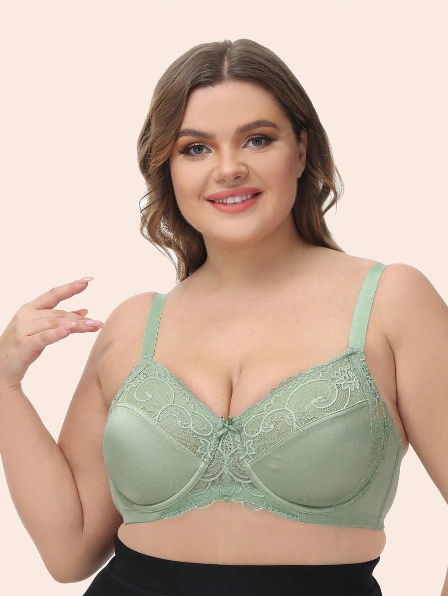 1pc Green Satin Lace Plus Size Bra (ultra-thin) - Green - View 1
