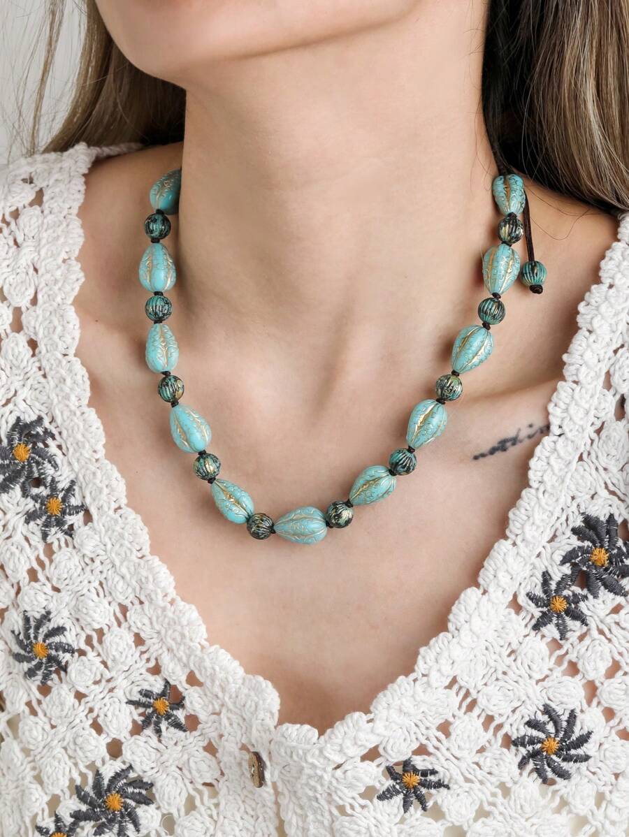 1條時尚復古國風雕花&鍍金綠松石珠編織頸鍊,適合女性日常佩戴 - 綠松石色 - 查看 1