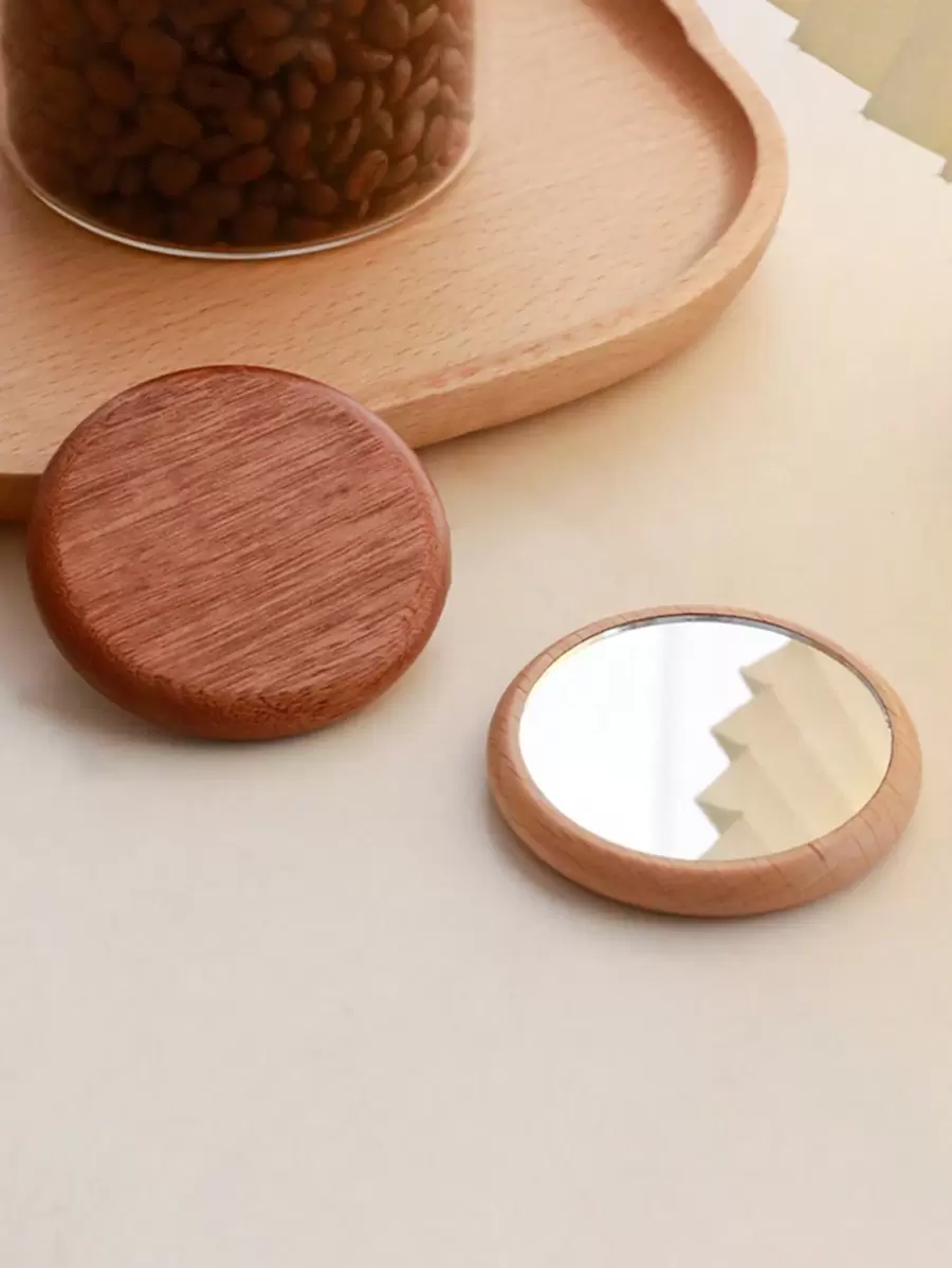 1 pieza Espejo de maquillaje redondo de madera, espejo portátil de bolso para mujeres, 2 opciones de color - Marrón - Ver 1