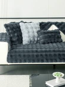 1入實色毛絨沙發墊,兔子風格蓬鬆寵物友好家具保護套,客廳裝飾 - 深灰色 - 查看 11