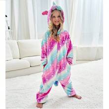 Pijama Roupa de dormir infantil de menina unicórnio kigurumi rosa estrelado de pelúcia desenho animado