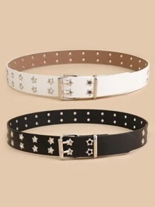 2pcs Women's Double Grommet Square Buckle Western Style Casual Belt With Simple Decoration Halloween Summer, School Fall, Autumn, Halloween