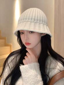 1pc Women's Knitted Beanie Hat With Vertical Stripes And Twisted Rope Design, Casual Bucket Hat Suitable For Daily Wear In Autumn/winter Season - Beige - View 2