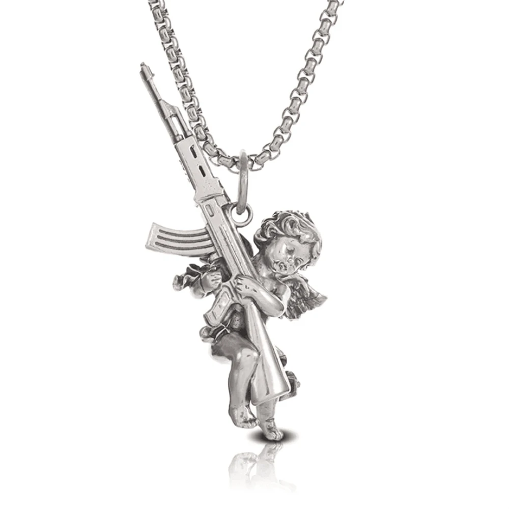 SeuSuk Men's Unique Stylish Fashionable Cool Hiphop Punk Rock Angel Machine Gun Pendant Necklace Gift - Gold - View 1