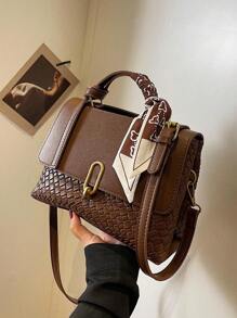 大容量女包秋冬新品通勤手提包配金属丝巾元素-适合购物、手提、斜挎、肩背 - 咖啡棕 - 查看 1