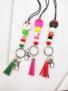 1pc Christmas Themed Silicone Beaded Non-detachable Keychain Lanyard For Office Id, Badge, Necklace, Gift - Red - View 3