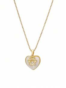 1pc Gold Plated Stainless Steel Chain Necklace With Rhinestone Embedded Paw Print And Heart Shaped Pendant. Suitable For Men And Women, Couples. Cute, Simple, Fashionable And Versatile Jewelry For Casual, Daily Wear, Office, Parties And Events. - Yellow Gold - View 3
