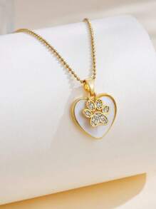 1pc Gold Plated Stainless Steel Chain Necklace With Rhinestone Embedded Paw Print And Heart Shaped Pendant. Suitable For Men And Women, Couples. Cute, Simple, Fashionable And Versatile Jewelry For Casual, Daily Wear, Office, Parties And Events. - Yellow Gold - View 1