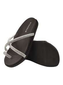 鐳射平底拖鞋女士沙灘鞋鑲嵌斜十字繩裝飾,平底輕柔新趨勢 - 黑色 - 查看 5