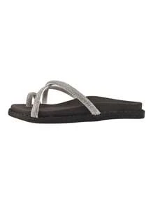 鐳射平底拖鞋女士沙灘鞋鑲嵌斜十字繩裝飾,平底輕柔新趨勢 - 黑色 - 查看 4