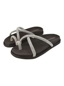 鐳射平底拖鞋女士沙灘鞋鑲嵌斜十字繩裝飾,平底輕柔新趨勢 - 黑色 - 查看 2