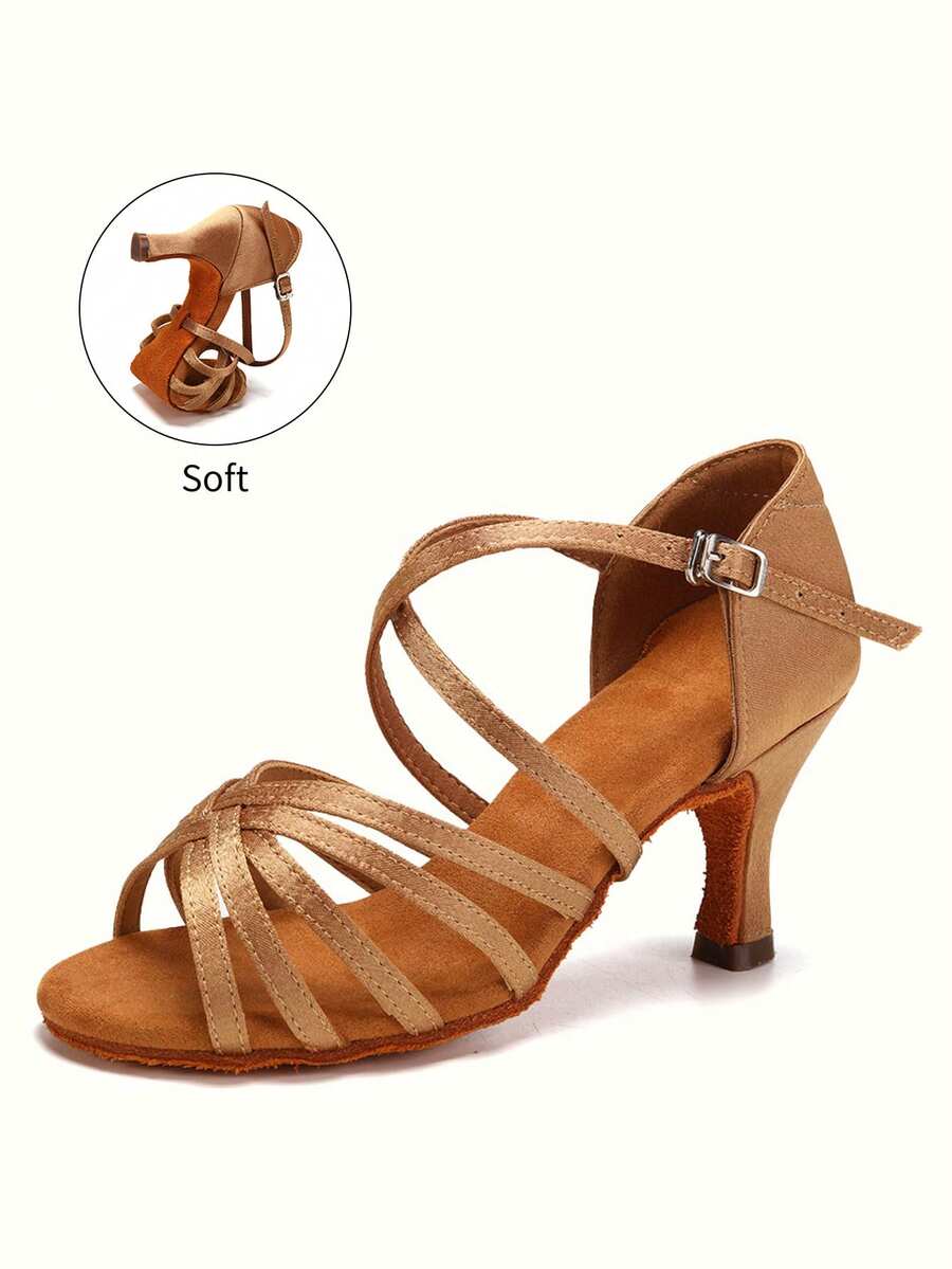 女款淺棕色踝帶舞廳舞鞋室內舞蹈高跟涼鞋拉丁舞鞋 - 棕色 - 查看 1