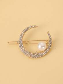 Star Moon Shaped Hair Clip With Rhinestone, Pearl And Frog Charm Design - Gold - View 5