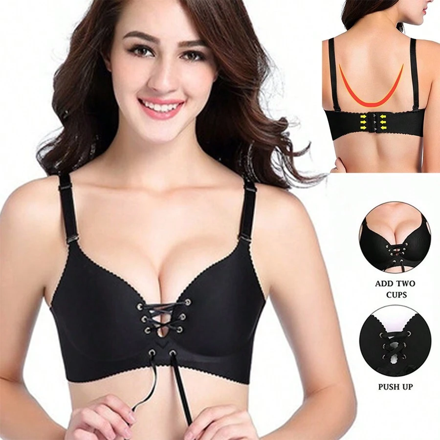 Brasier Bra Cordón Doble Push Up Moda Asiatica Sin Varillas - 黑色 - 查看 1