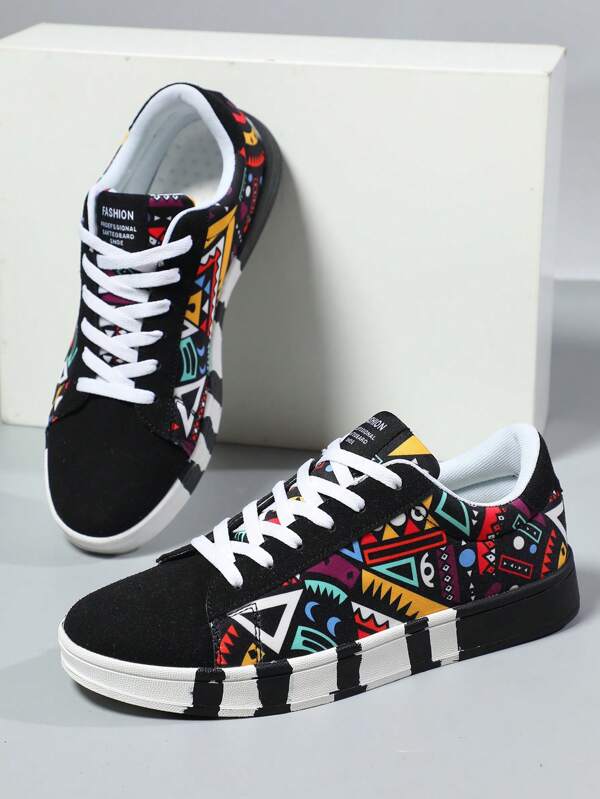 Men's Canvas Lace-Up Sports Shoes With Geometric Pattern, Matching Couple Graffiti Print Casual Comfortable Sneakers