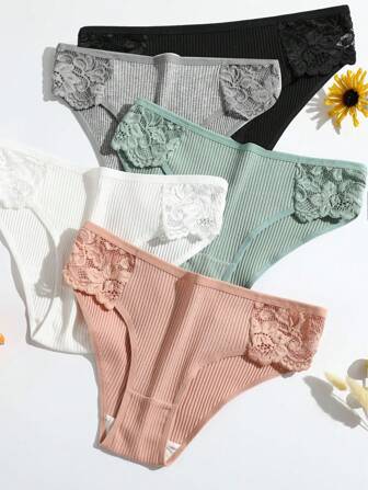5pcs/Pack New Threaded Women's Triangle Panties, Solid Color Low Waist Breathable Double-Layered Crotch Lace Underwear