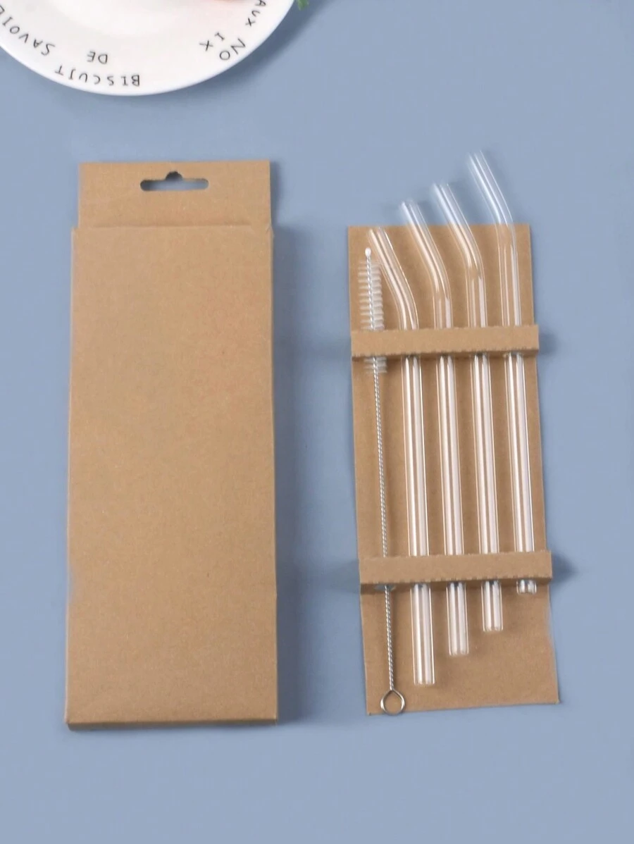 Reusable Transparent Glass Drinking Straws Set With Cleaning Brush, Heat Resistant For Beverage, Milk Tea, Water Cup,School Supplies - Clear - View 1