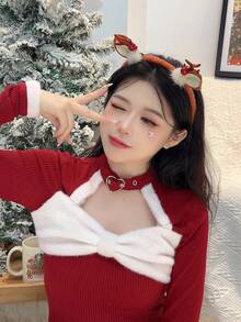 1入女士多彩紅色漿果毛絨咖啡色鹿角聖誕頭箍,適用於聖誕派對、表演和裝扮 - 彩色 - 查看 1