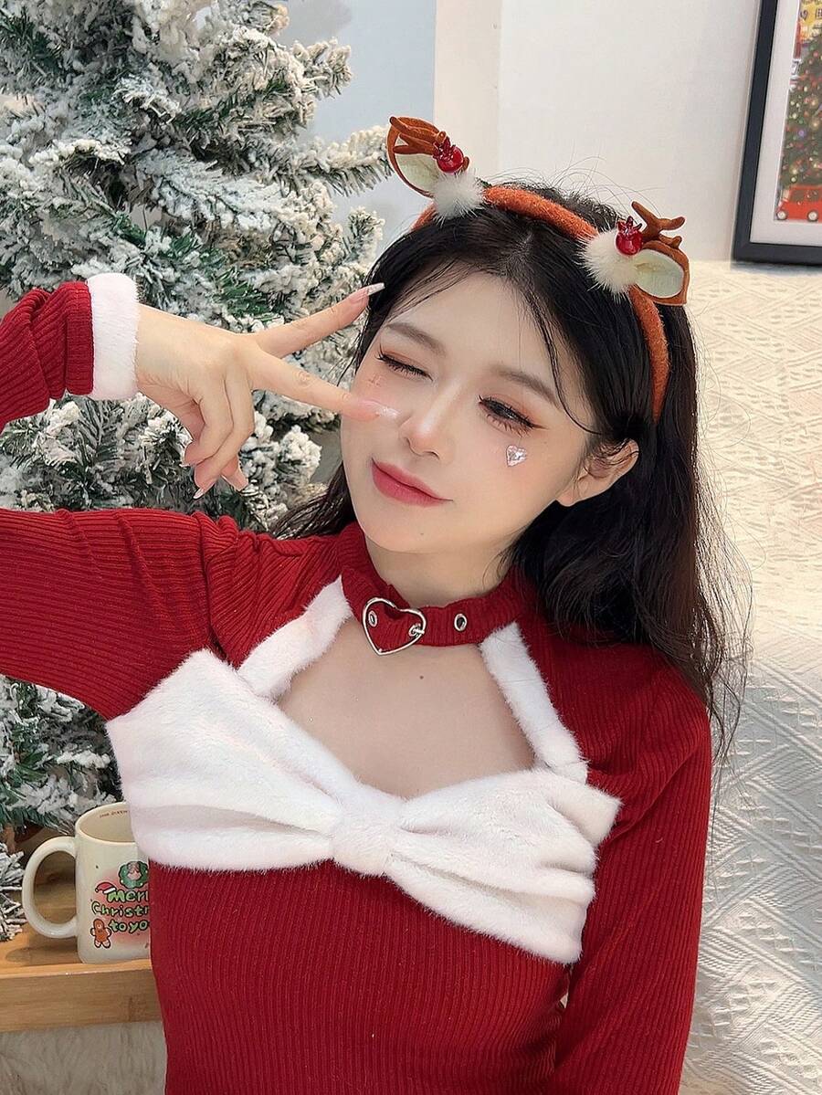 1入女士多彩紅色漿果毛絨咖啡色鹿角聖誕頭箍,適用於聖誕派對、表演和裝扮 - 彩色 - 查看 1