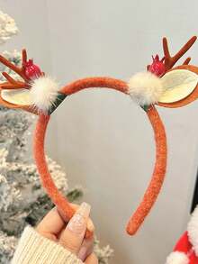 1入女士多彩紅色漿果毛絨咖啡色鹿角聖誕頭箍,適用於聖誕派對、表演和裝扮 - 彩色 - 查看 2