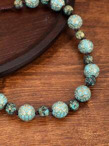 1條時尚復古國風雕花&鍍金綠松石珠編織頸鍊,適合女性日常佩戴 - 綠松石色 - 查看 5