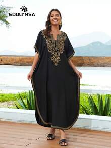 女士刺繡長袍沙灘連衣裙墨西哥風連衣裙套裝 - 黑色 - 查看 2