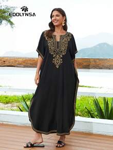 女士刺繡長袍沙灘連衣裙墨西哥風連衣裙套裝 - 黑色 - 查看 6