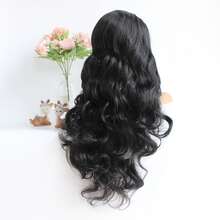 24英寸自然柔軟黑色長度波浪型合成拉花頭套,具熱阻纖維髮,時尚日常假髮