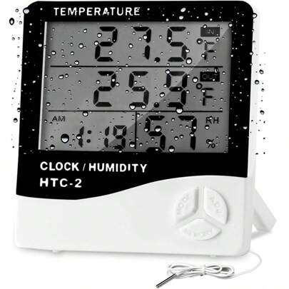 Higrometro Digital Doble Para Camaras De Refrigeracion Htc-2. Termohigrómetro Digital HTC-2, Higrómetro, Termómetro Digital, Reloj Alarma, Para frigorífico, cocina, salón, dormitorio, baño/aseo/ducha, balcón, exterior, interior, etc/Des/Termometro ambientalpertador/Termohigrometro Calibrado /Termometro Ambiental.
