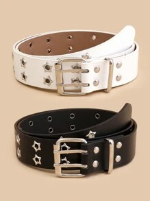 2pcs Women's Double Grommet Square Buckle Western Style Casual Belt With Simple Decoration Halloween Summer, School Fall, Autumn, Halloween