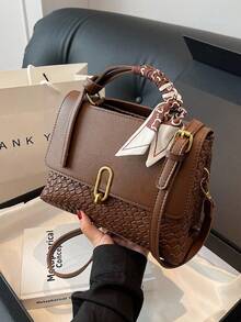 大容量女包秋冬新品通勤手提包配金属丝巾元素-适合购物、手提、斜挎、肩背 - 咖啡棕 - 查看 5