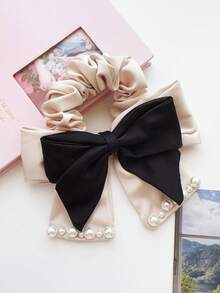 1個女性珍珠和蝴蝶結絲緞鬆緊帶,適用於高馬尾、髻和日常佩戴