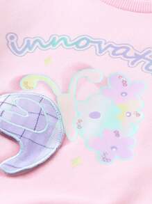 Annil Áo nỉ dài tay cổ tròn cho bé gái, thích hợp mặc mùa xuân và mùa thu, kiểu dáng rộng rãi cho trẻ nhỏ. - Hồng - Xem 4