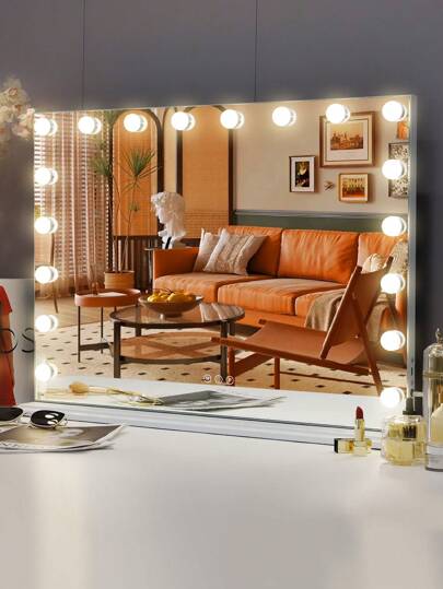 FENCHILIN 80cm x 60cm Espejo de maquillaje grande de con luces LED, con 18 bombillas regulables, puerto USB, 3 ajustes de luz de color, espejo de maquillaje inteligente para dormitorio, de sobremesa/de pared, blanco